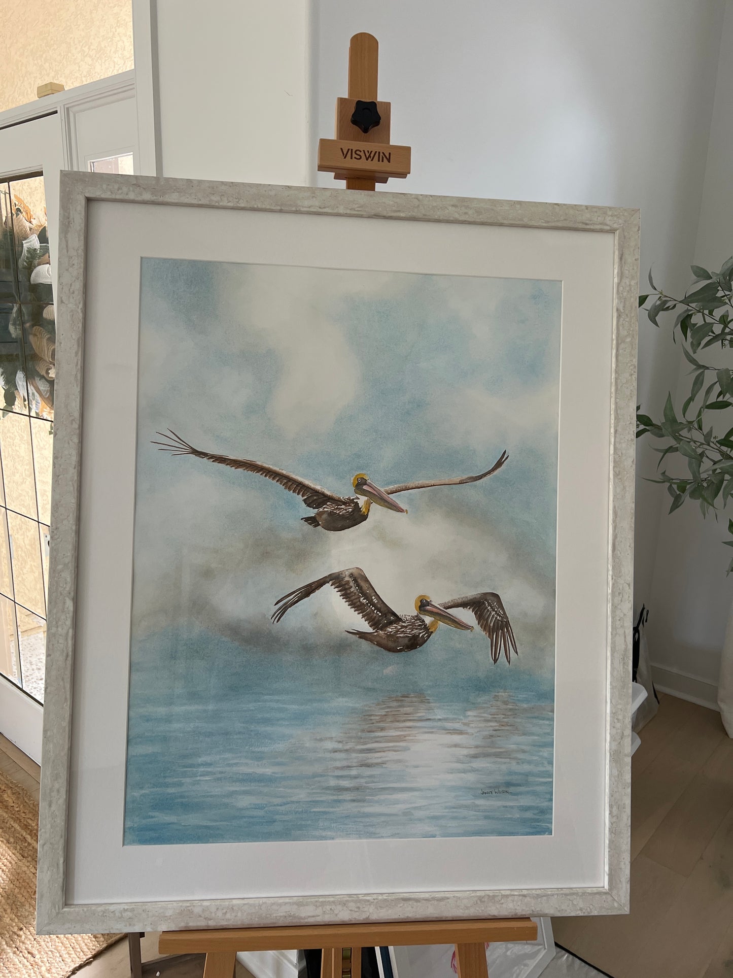 Original Watercolor "Echoes of the Glide" Brown Pelicans Matted & Framed 28" x 38" Ready to Hang