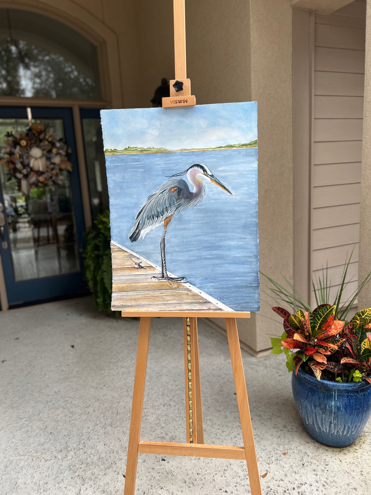 Hudson, Blue Heron, Original Fine Art Watercolor Painting, 30x38 Vertical, Framed Ready to Hang