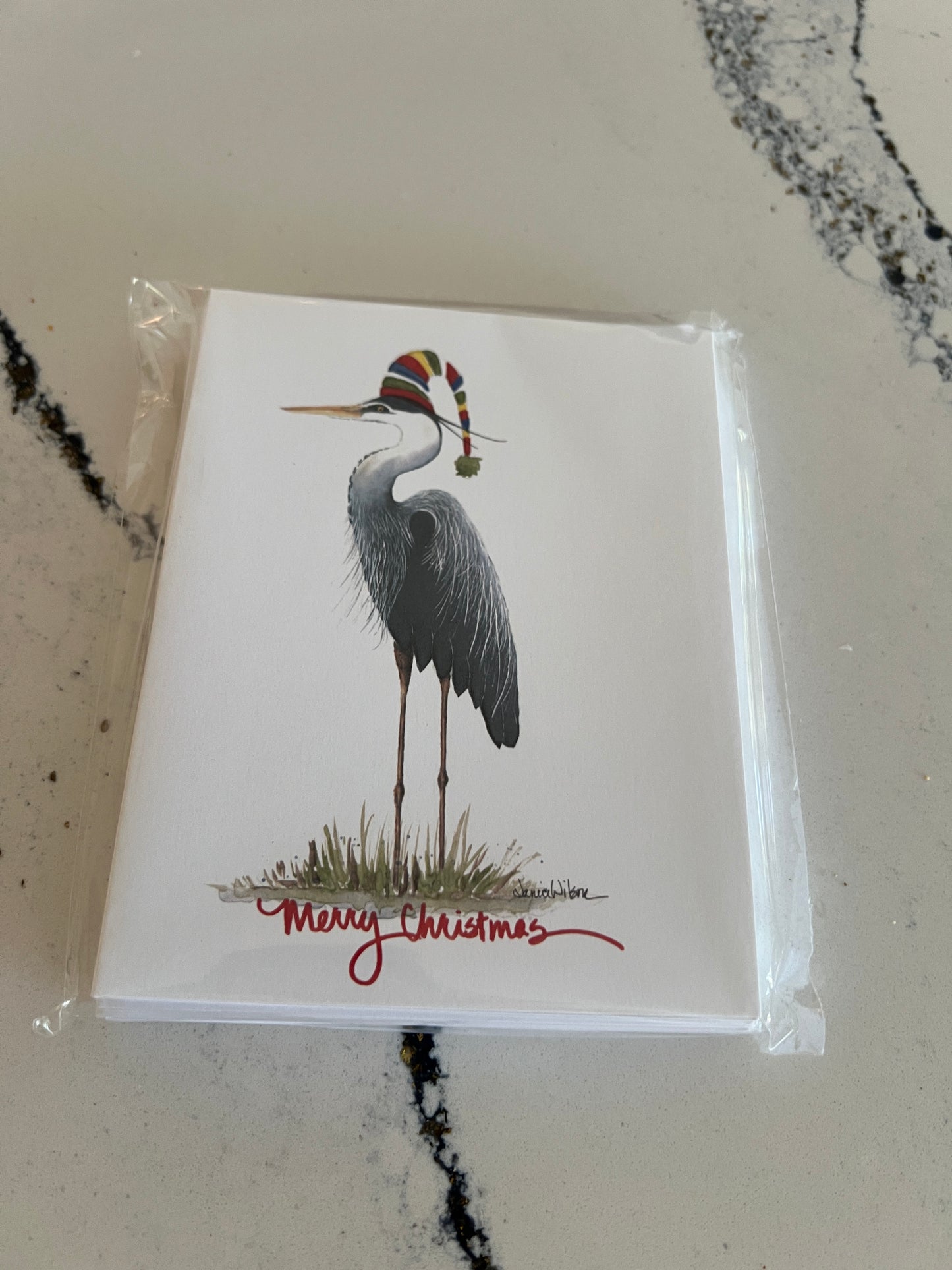 Note Card, Christmas Card, Greeting Card, Blue Heron with Christmas Hat, Blank Inside, Set of 10