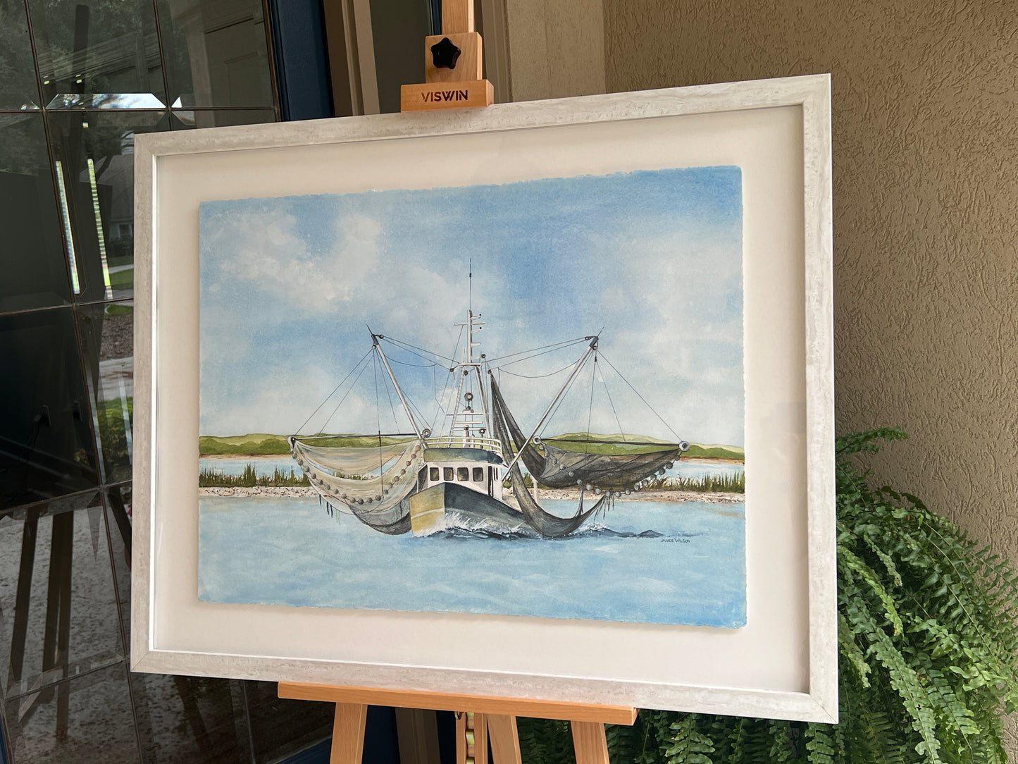 Original Watercolor Painting, Shrimp Boat, 30.5 x 38 Custom Framed, Ready to Hang
