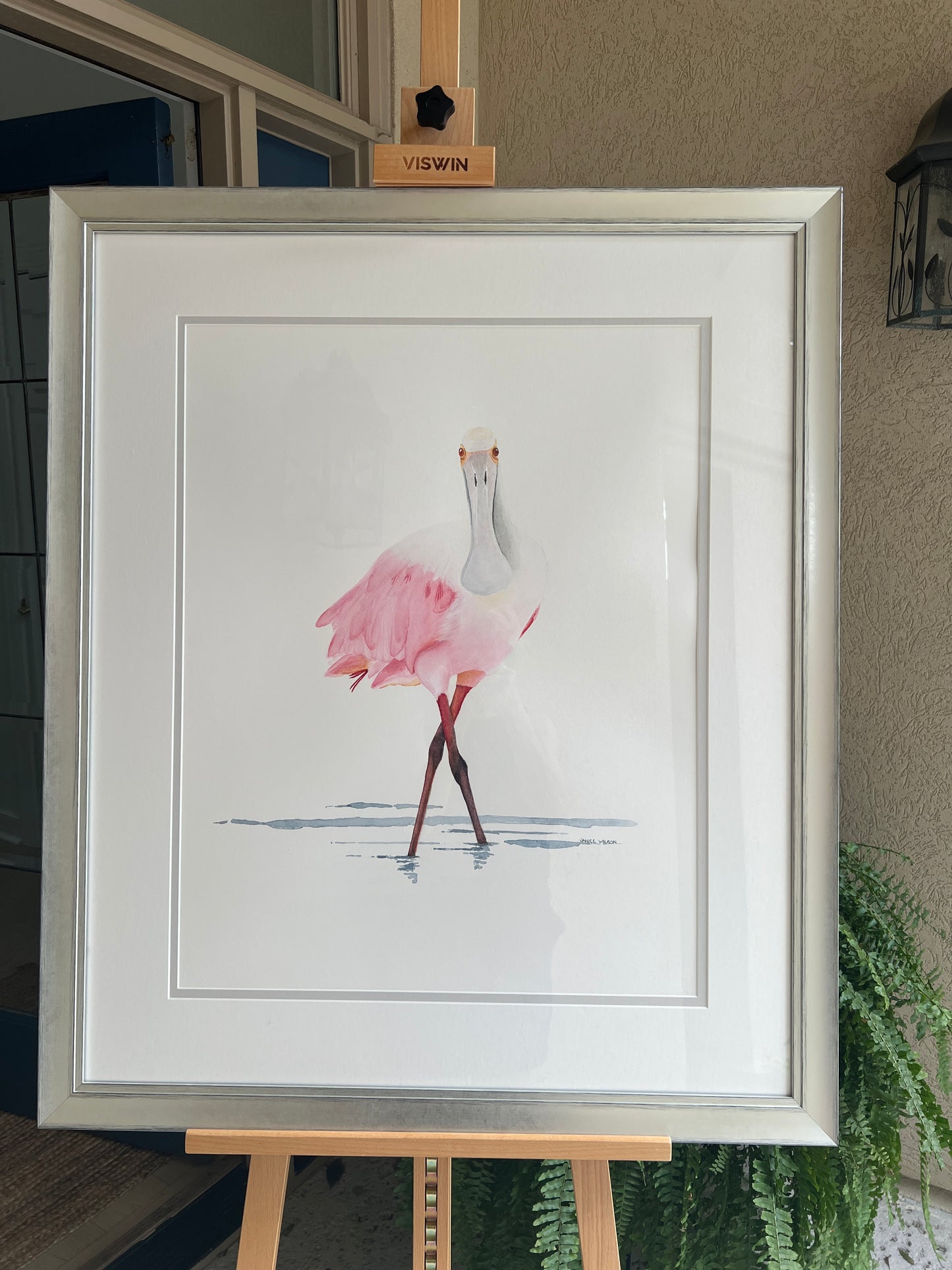 Original Watercolor Painting, Rosie, Roseate Spoonbill, 31.5 x 37.5 Custom Framed, Ready to Hang