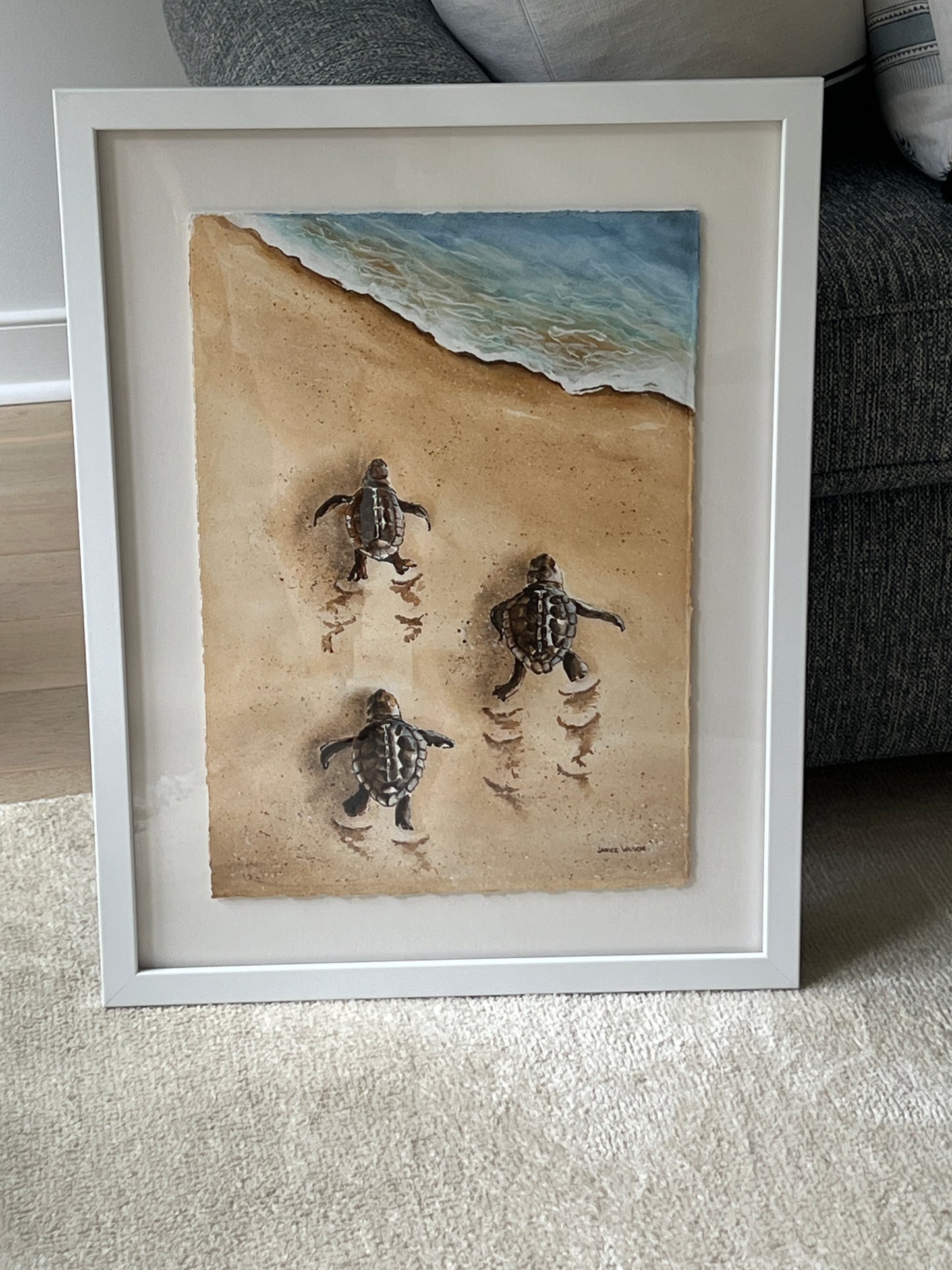 Original Watercolor, Baby Turtles crawl to ocean, 21 x 27, Custom Framed