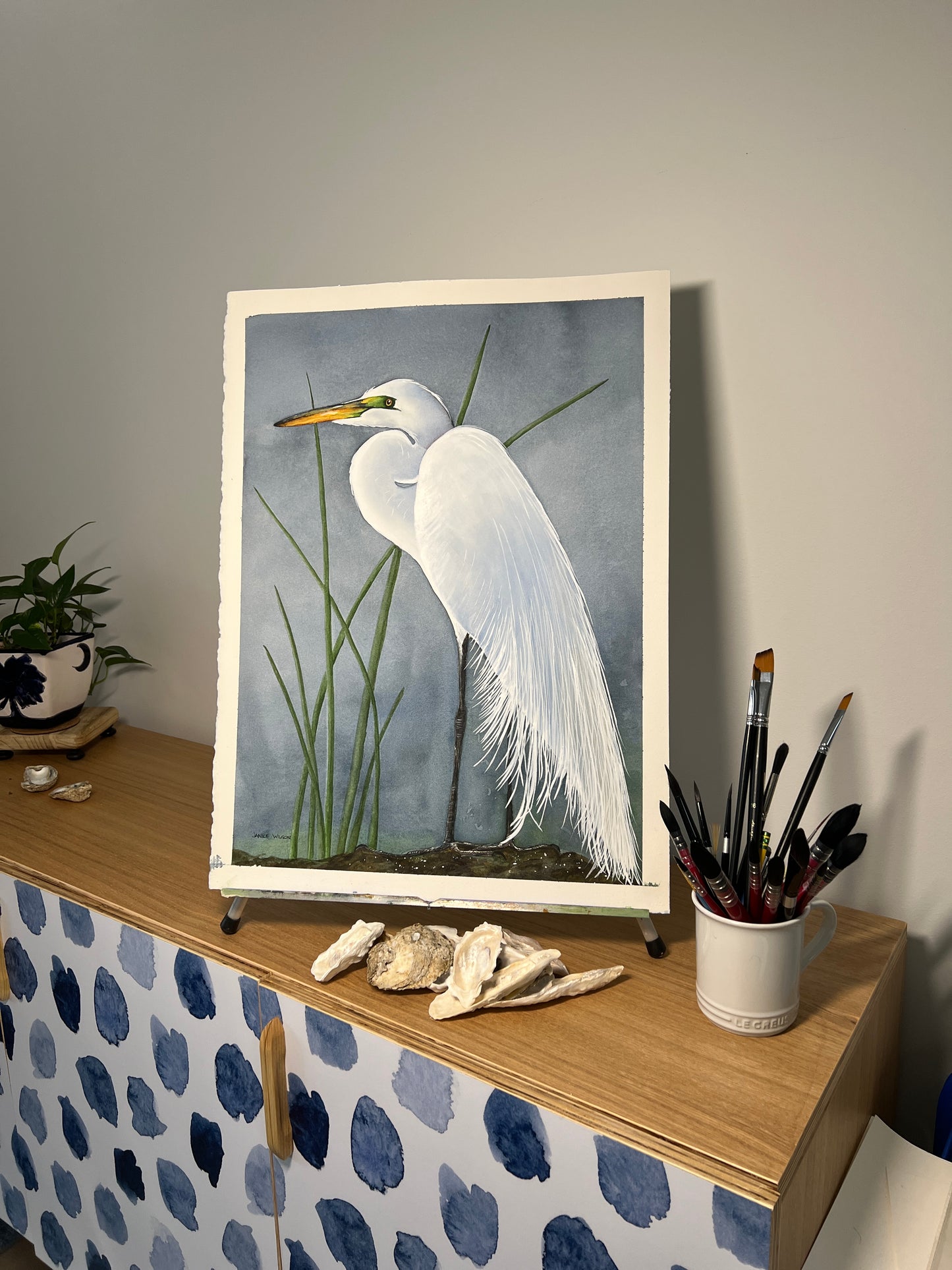 Skull Creek, Great White Egret, Original Fine Art Watercolor Painting, 23" x 29" FRAMED AND READY TO HANG
