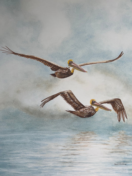 Original Watercolor "Echoes of the Glide" Brown Pelicans Matted & Framed 28" x 38" Ready to Hang