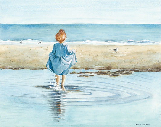Mazie's Beach Day, Giclee' Print of Original Fine Art Watercolor Painting, One of a Kind, Ginger haired girl