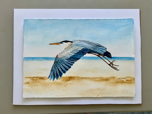 Islander's Beach Blue Heron, Original Fine Art Watercolor Painting 14.5 X 20.5