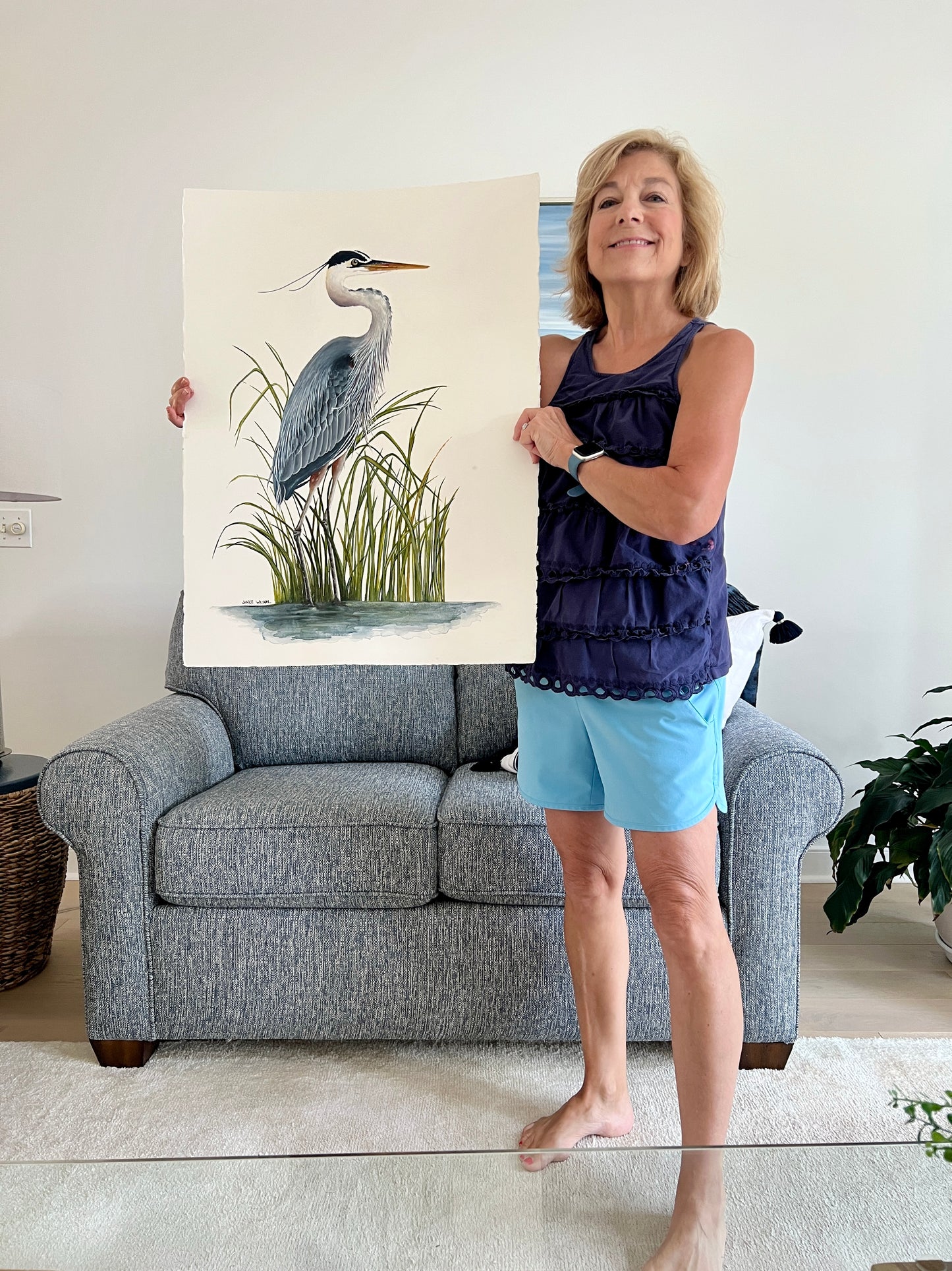Blue Heron in Spartina Grass I, Original Fine Art Watercolor Painting