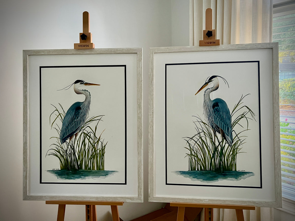 Blue Heron in Spartina Grass I, Original Fine Art Watercolor Painting