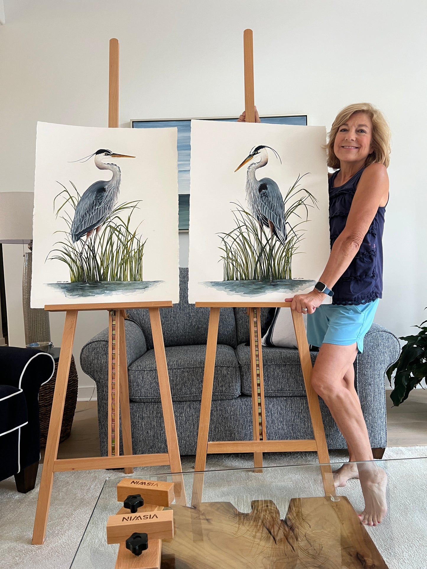 Blue Heron in Spartina Grass I, Original Fine Art Watercolor Painting