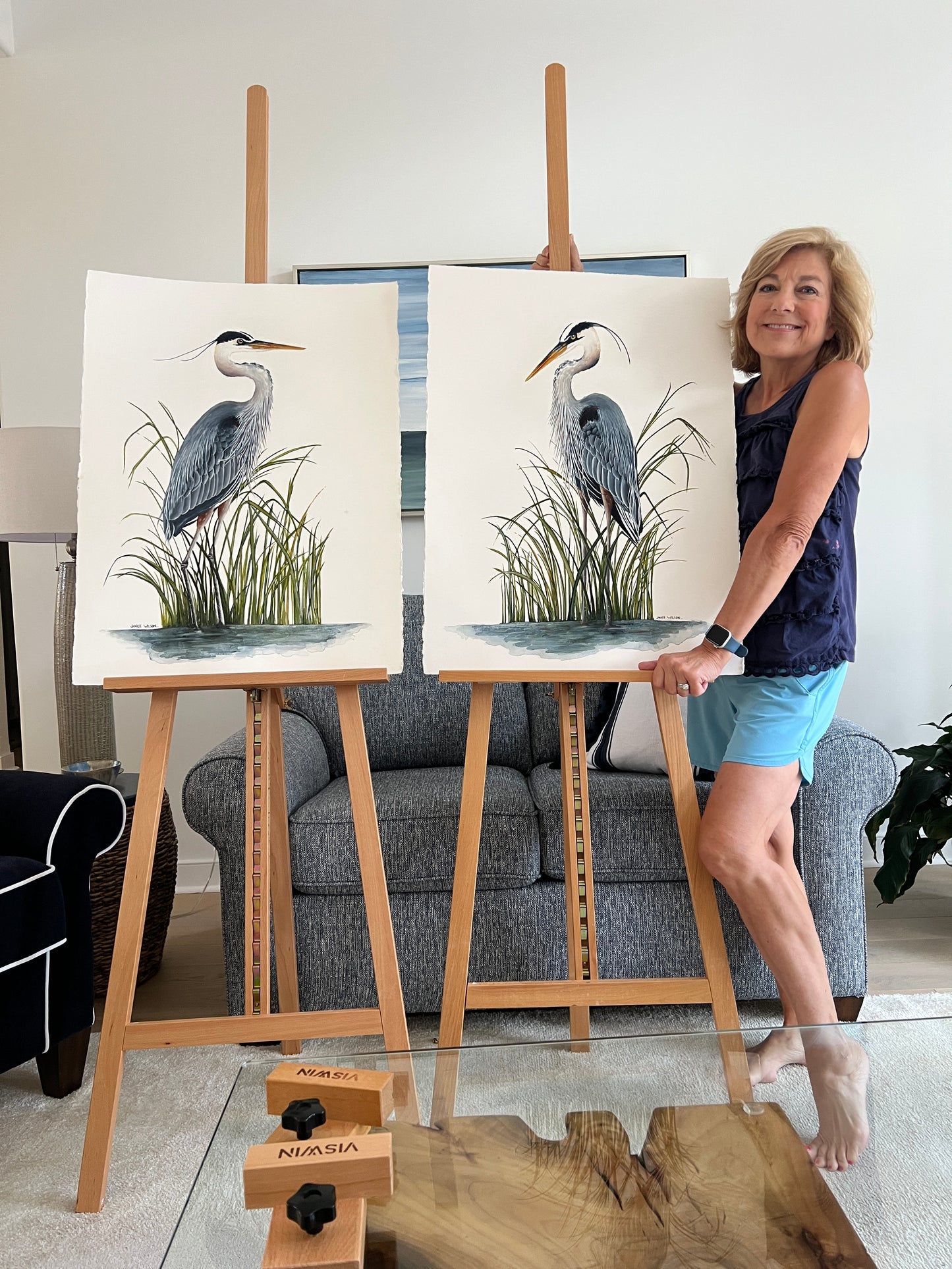Blue Heron in Spartina Grass II, Original Fine Art Watercolor Painting