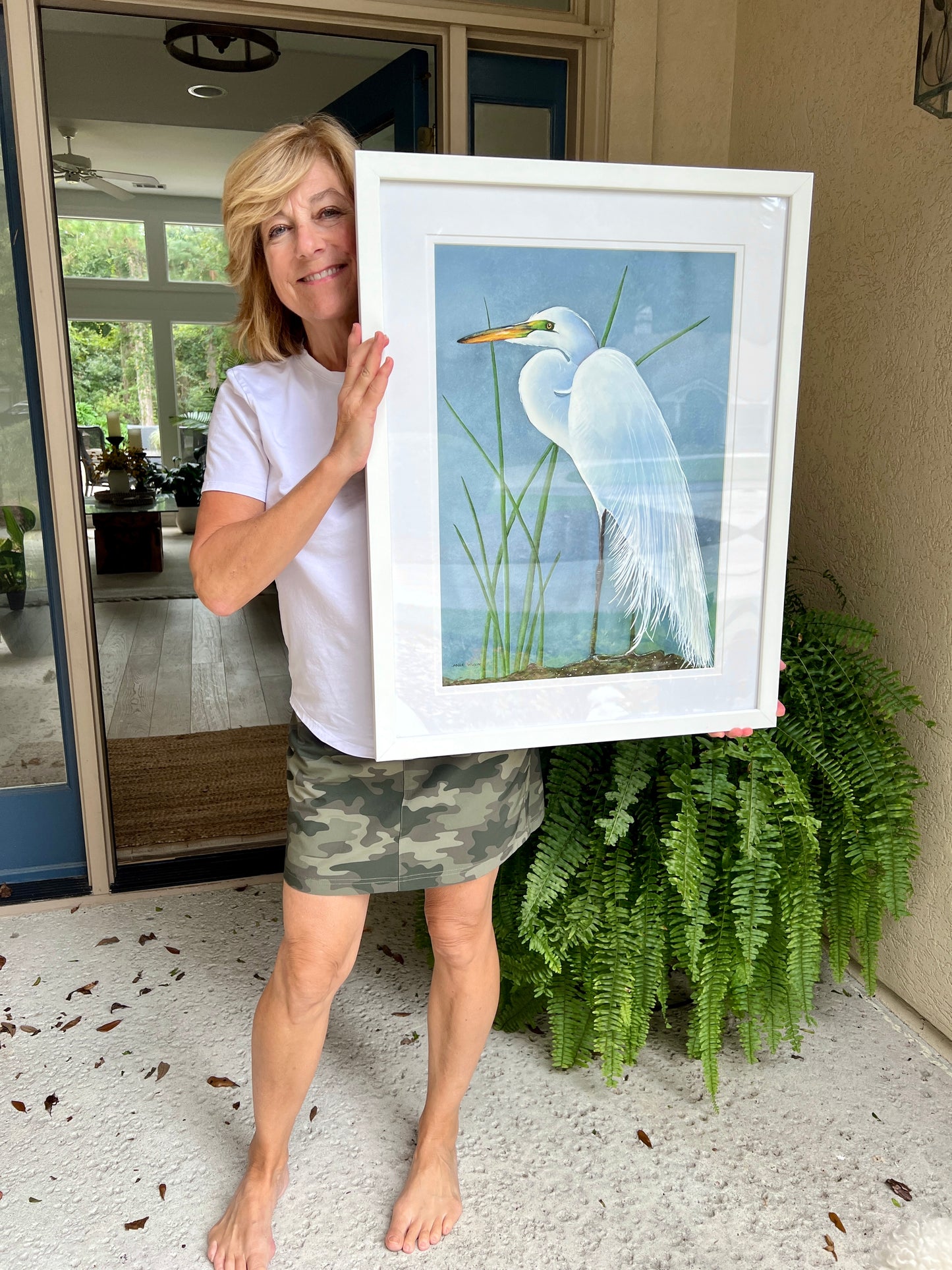 Skull Creek, Great White Egret, Original Fine Art Watercolor Painting, 23" x 29" FRAMED AND READY TO HANG