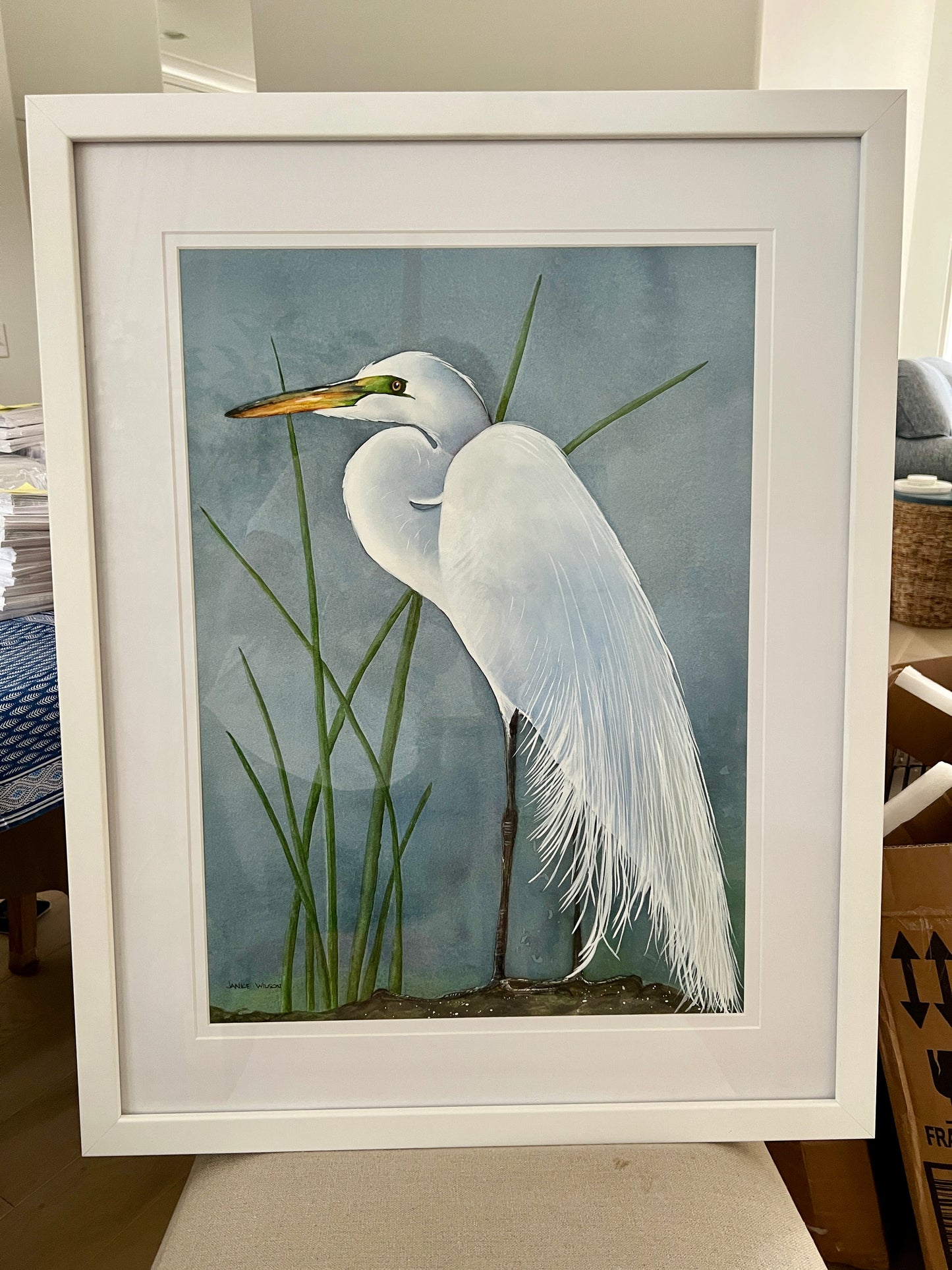 Skull Creek, Great White Egret, Original Fine Art Watercolor Painting, 23" x 29" FRAMED AND READY TO HANG