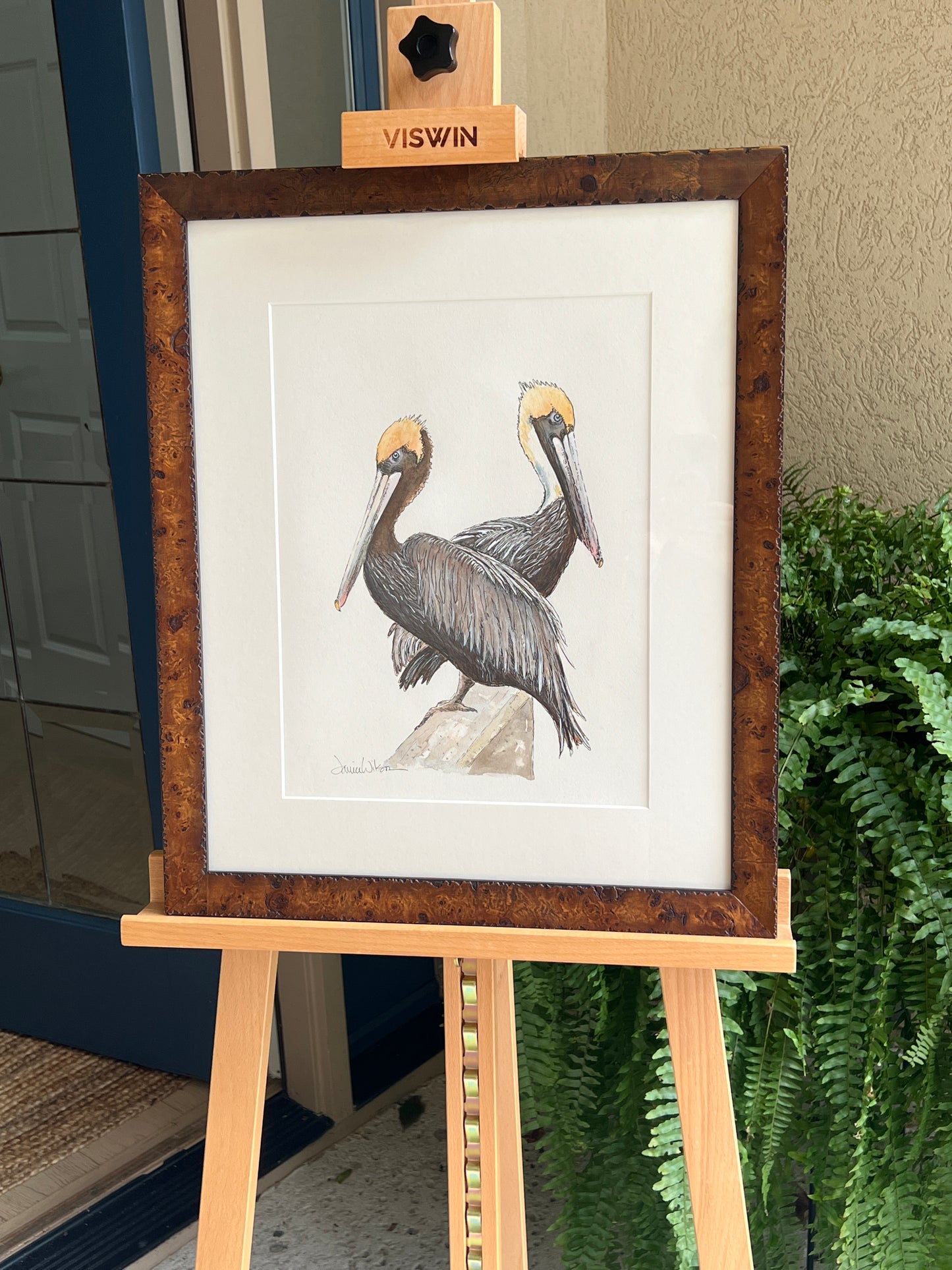 Original Watercolor "Pelicans in a Row" Matted & Framed 17.5" x 20" Ready to Hang