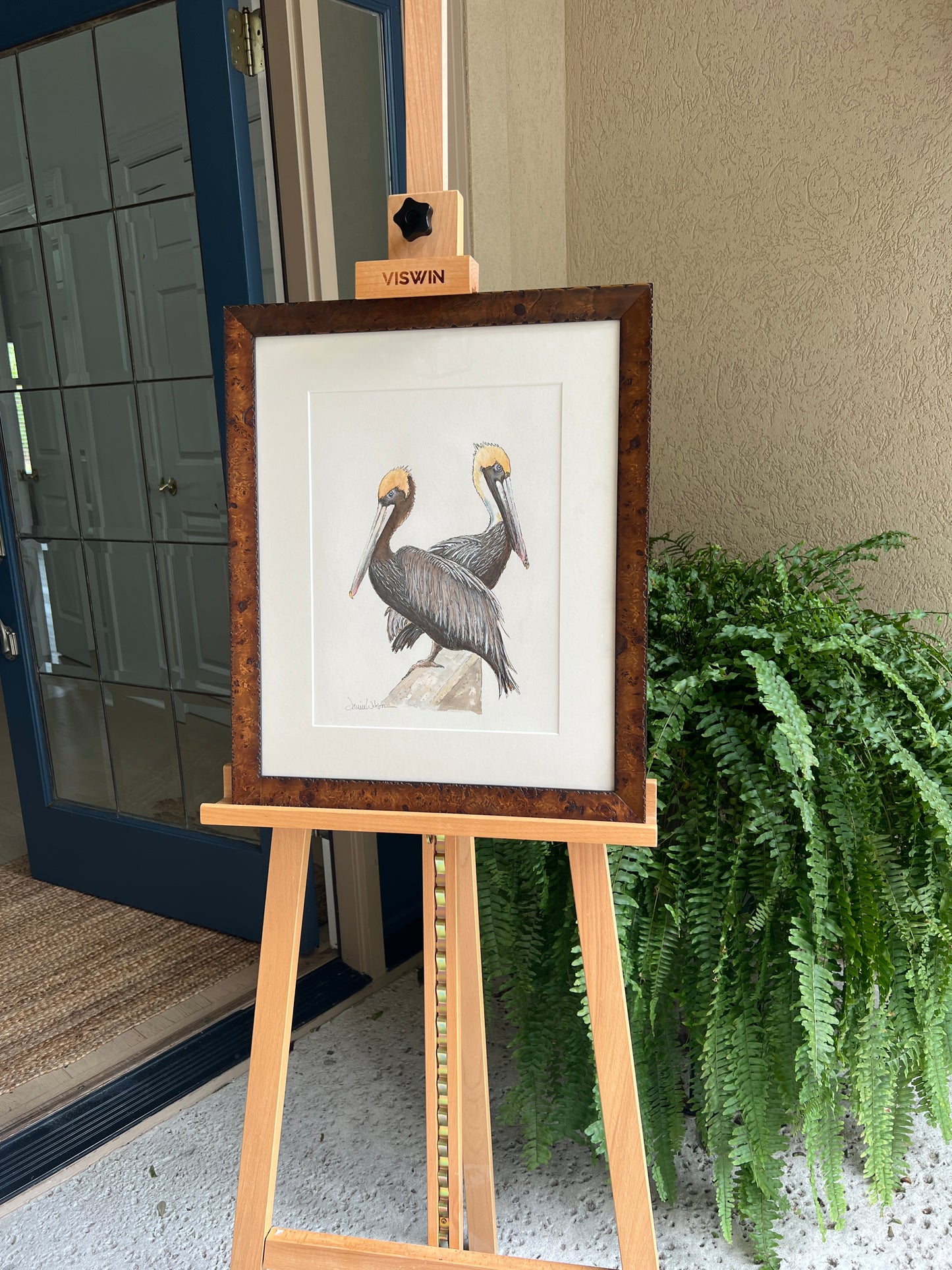 Original Watercolor "Pelicans in a Row" Matted & Framed 17.5" x 20" Ready to Hang