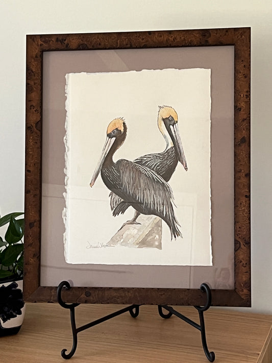 Original Watercolor "Pelicans in a Row" Matted & Framed 17.5" x 20" Ready to Hang