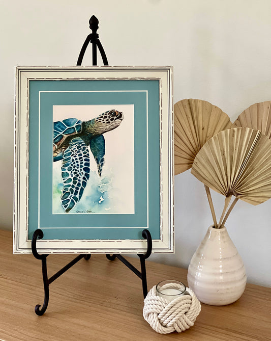 Original Watercolor Painting "Blue Loggerhead Turtle" 11" X 13" Matted and Framed, Ready to Hang