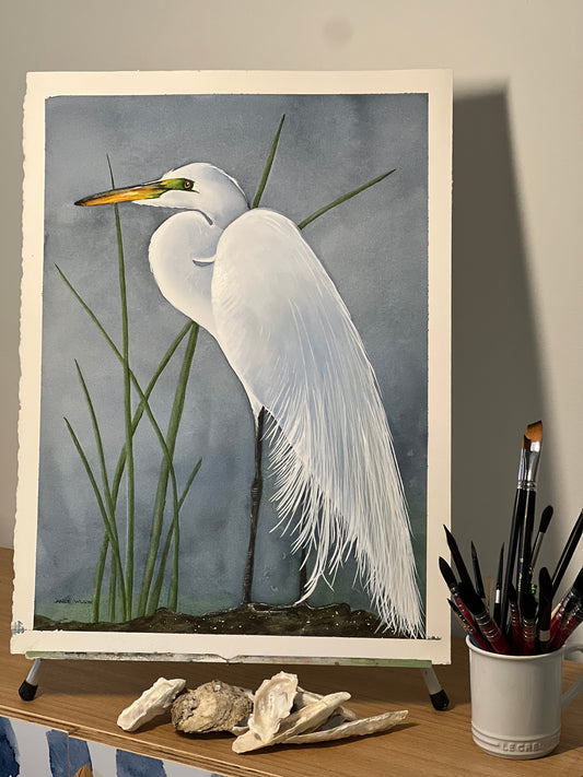 Great White Egret, Original Fine Art Watercolor Painting, 18" x 24"