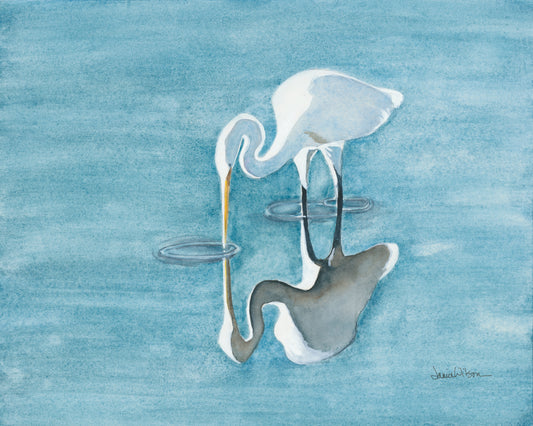 Original Watercolor Painting, "Reflective" White Egret, framed 20 x 26