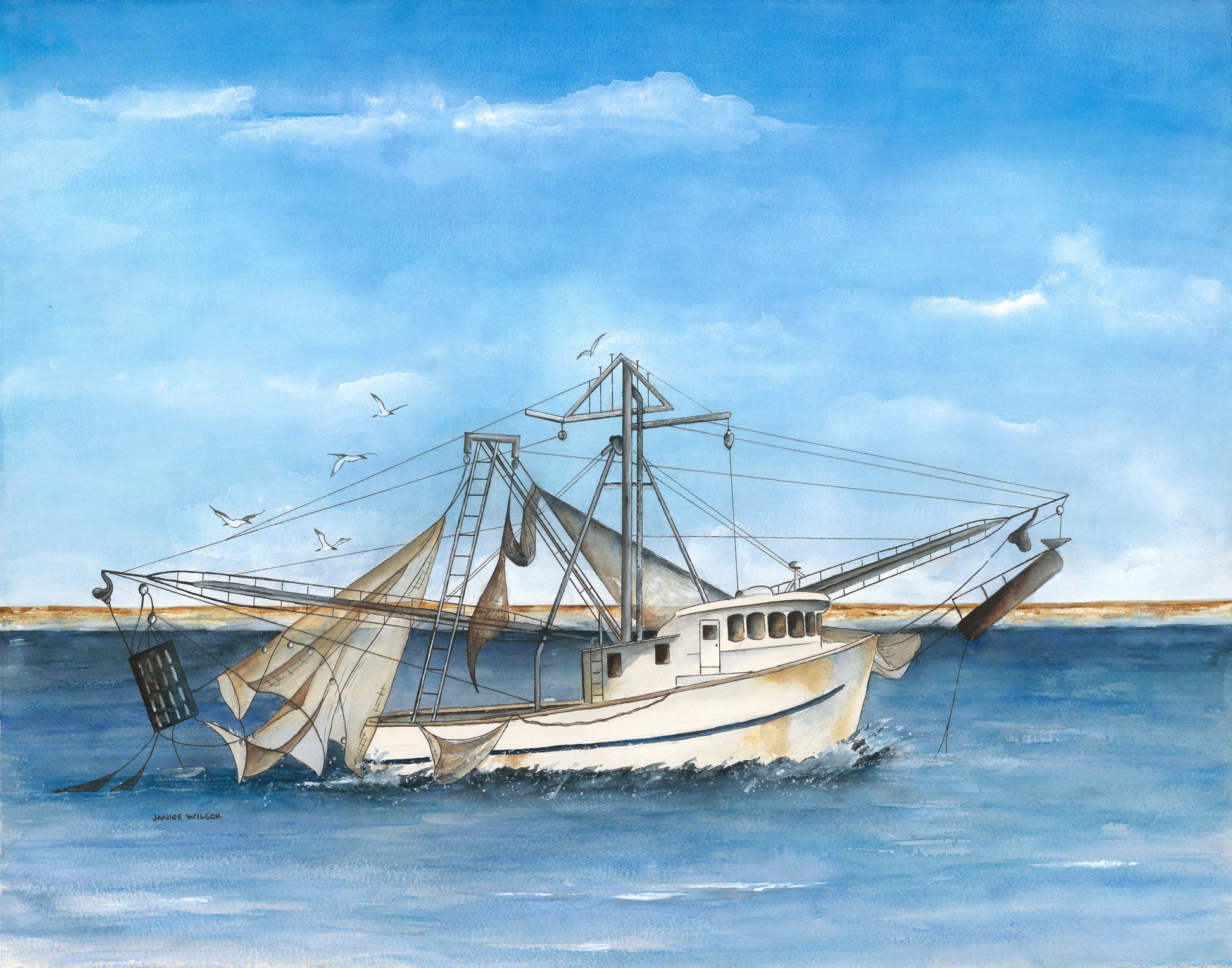 Painting of a fishing boat on the water with a blue sky and clouds.