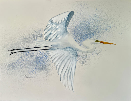 Original Watercolor "Flight" 22" X 30" Great Egret